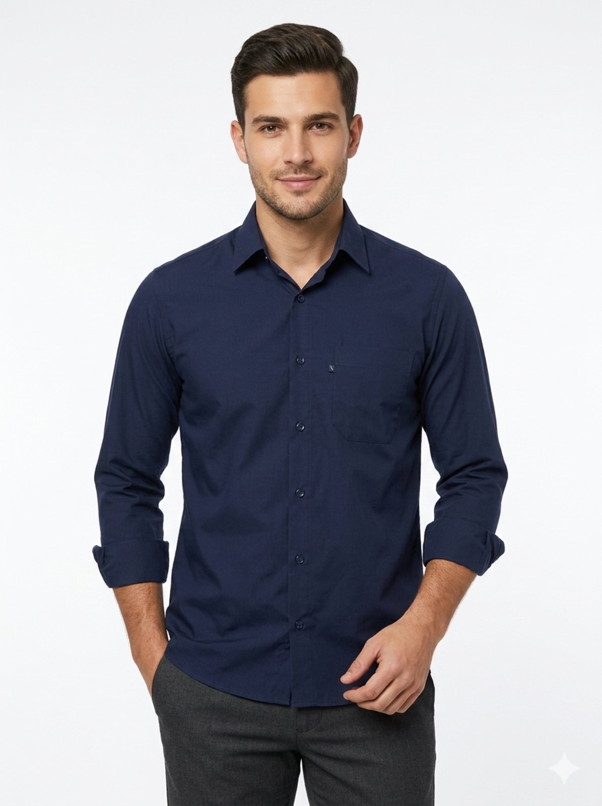 Camisa Social Microleve Amil Poliéster Com Bolso Macia Não amassa Manga Longa Cobalto
