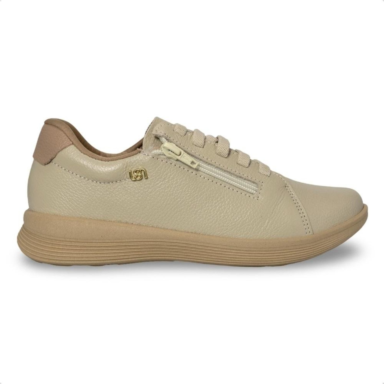 Tênis Usaflex Feminino em Couro Zíper Lateral UD02007 Bege