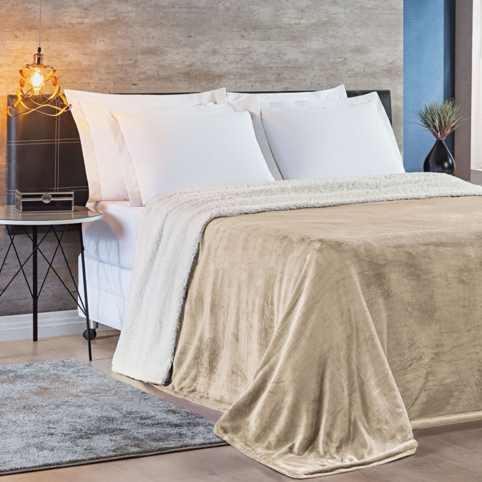 Cobertor Casa Scarpa Fênix Queen Sherpa Pele de Carneiro + Mantinha Flannel – Bege