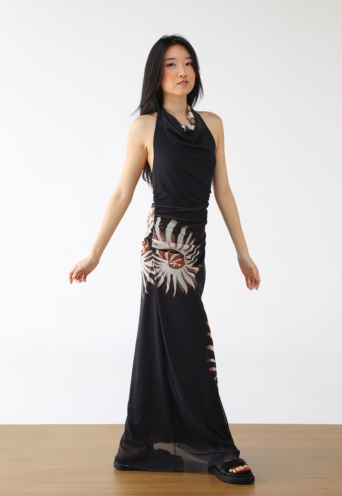 Vestido Frente Única FARM Longo Tule Amonita Preto