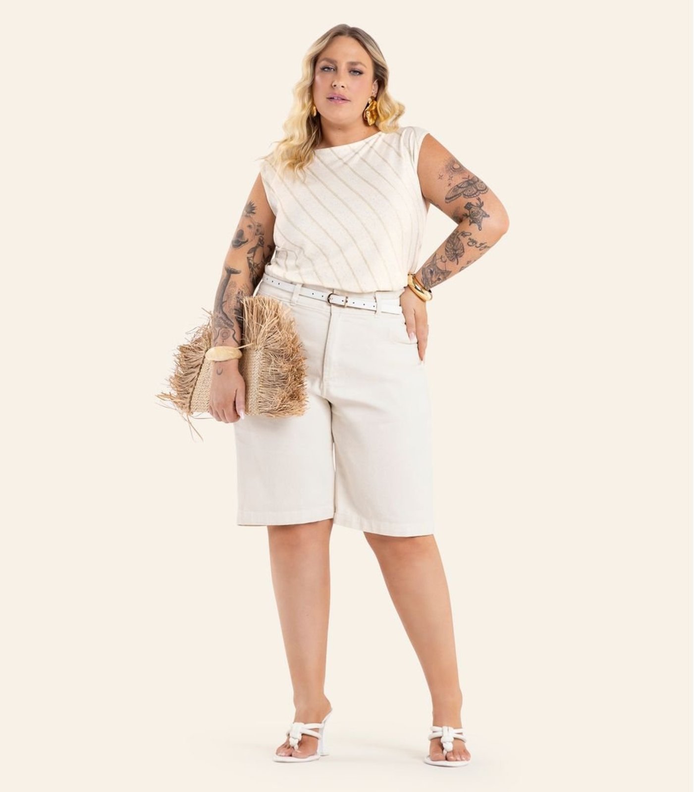 Regata Feminina Viscolinho Listra Secret Glam Bege