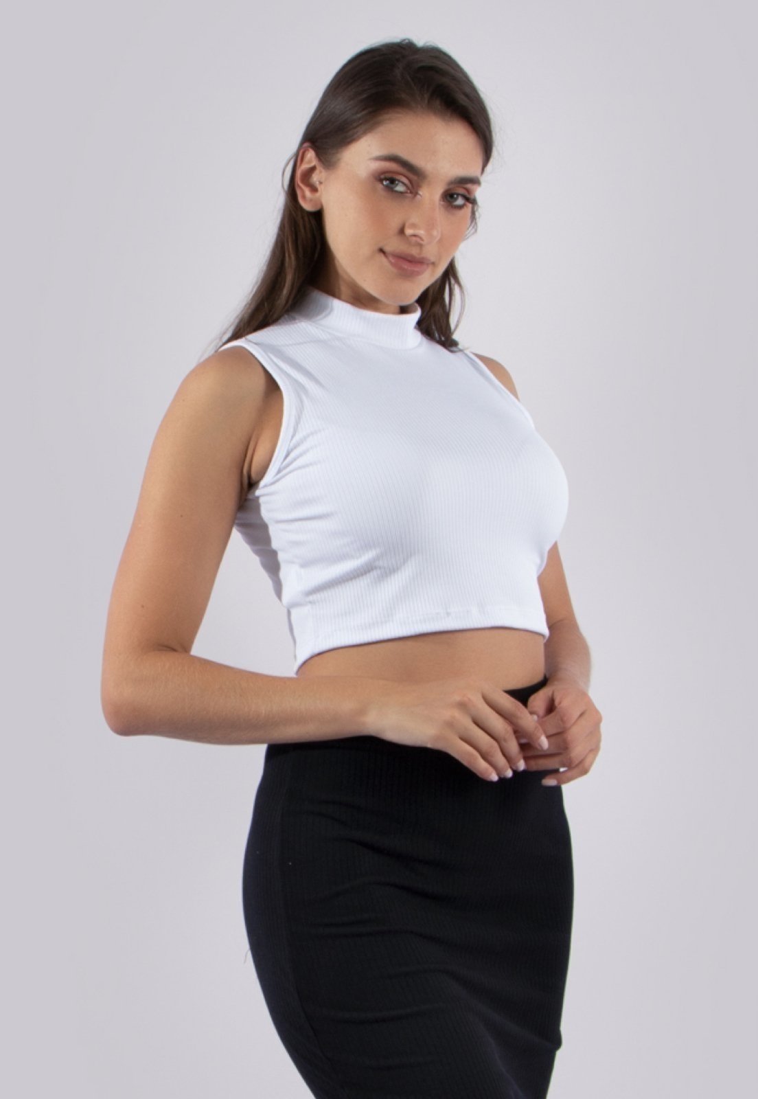 Vista 3 Cropped Gola Canelada Diluxo Blusa Ribana branco Diluxo branco