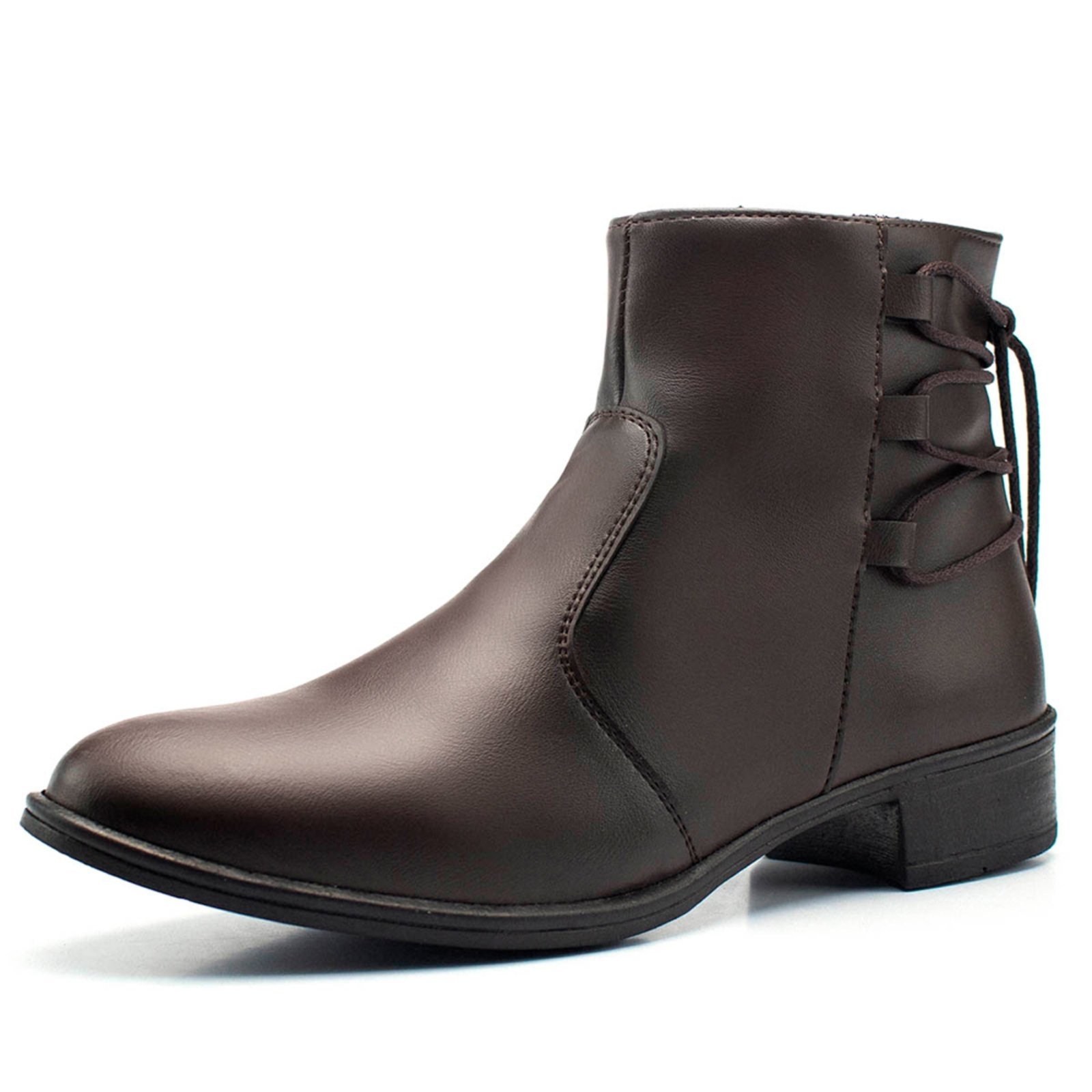 Bota Feminina Cano Baixo Bredeni Coturno Com Ziper Lateral Salto Baixo Detalhe Amarrar Marrom