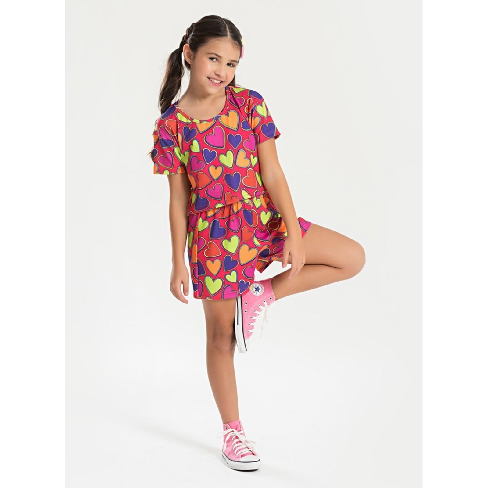 Infantil – Conjunto Molekada Verão Menina Cereja Cropped e Shorts com Cadarço Corações