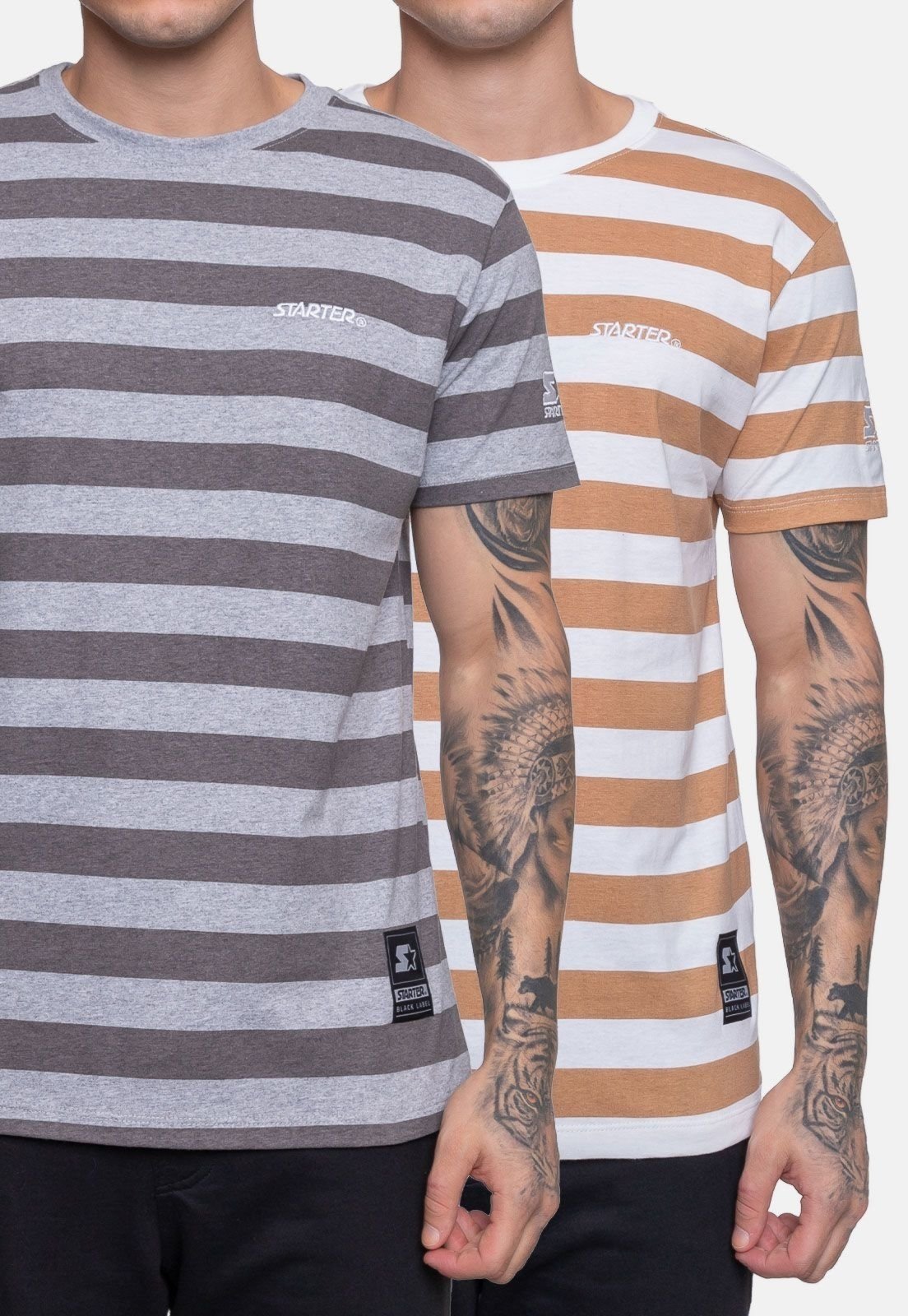 Camiseta Starter Bipack Strip Cinza e Marrom