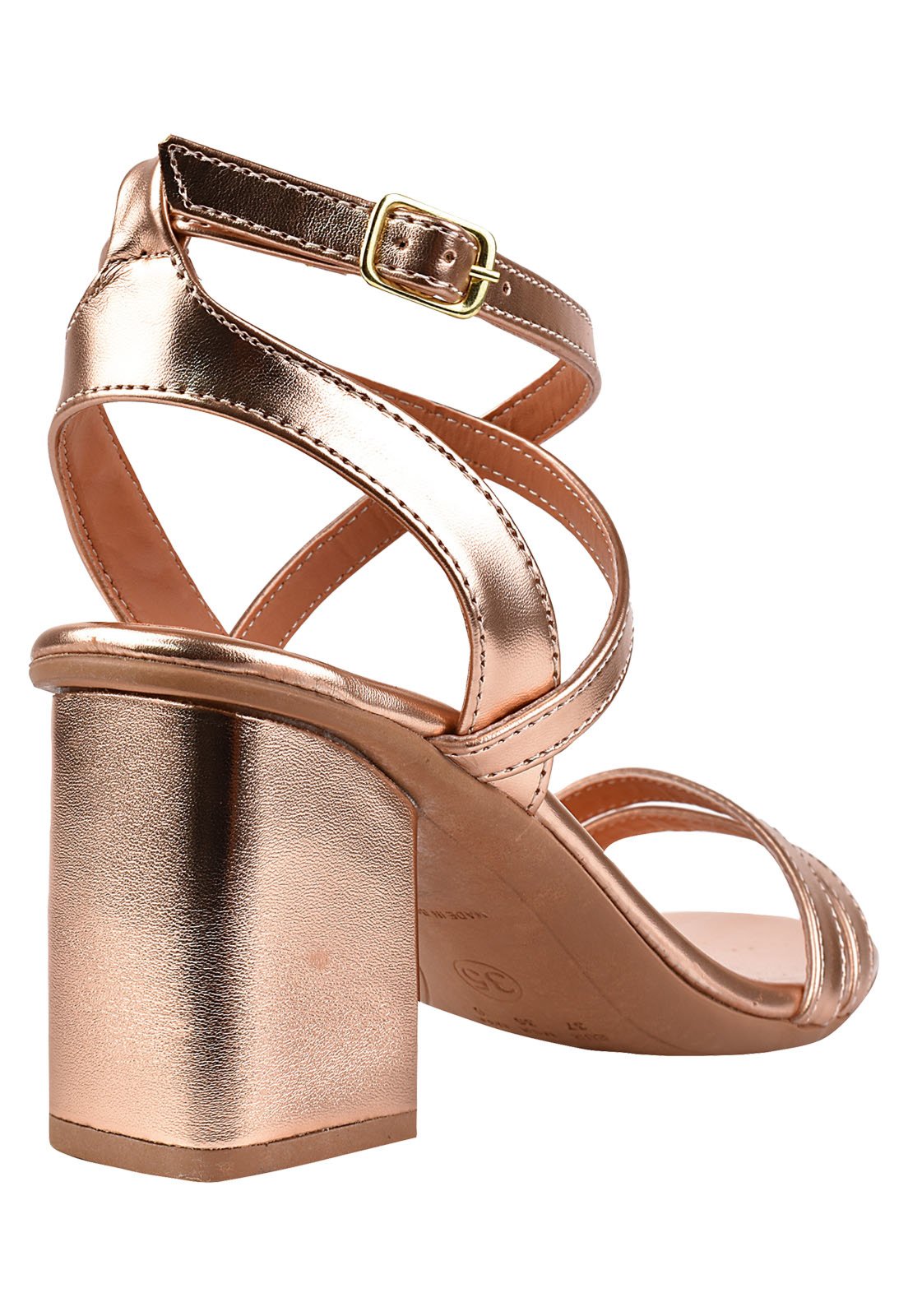 Sandália Salto Grosso Rosa Chic Calçados Feminino Salto Baixo Bloco Bico Quadrado Cobre