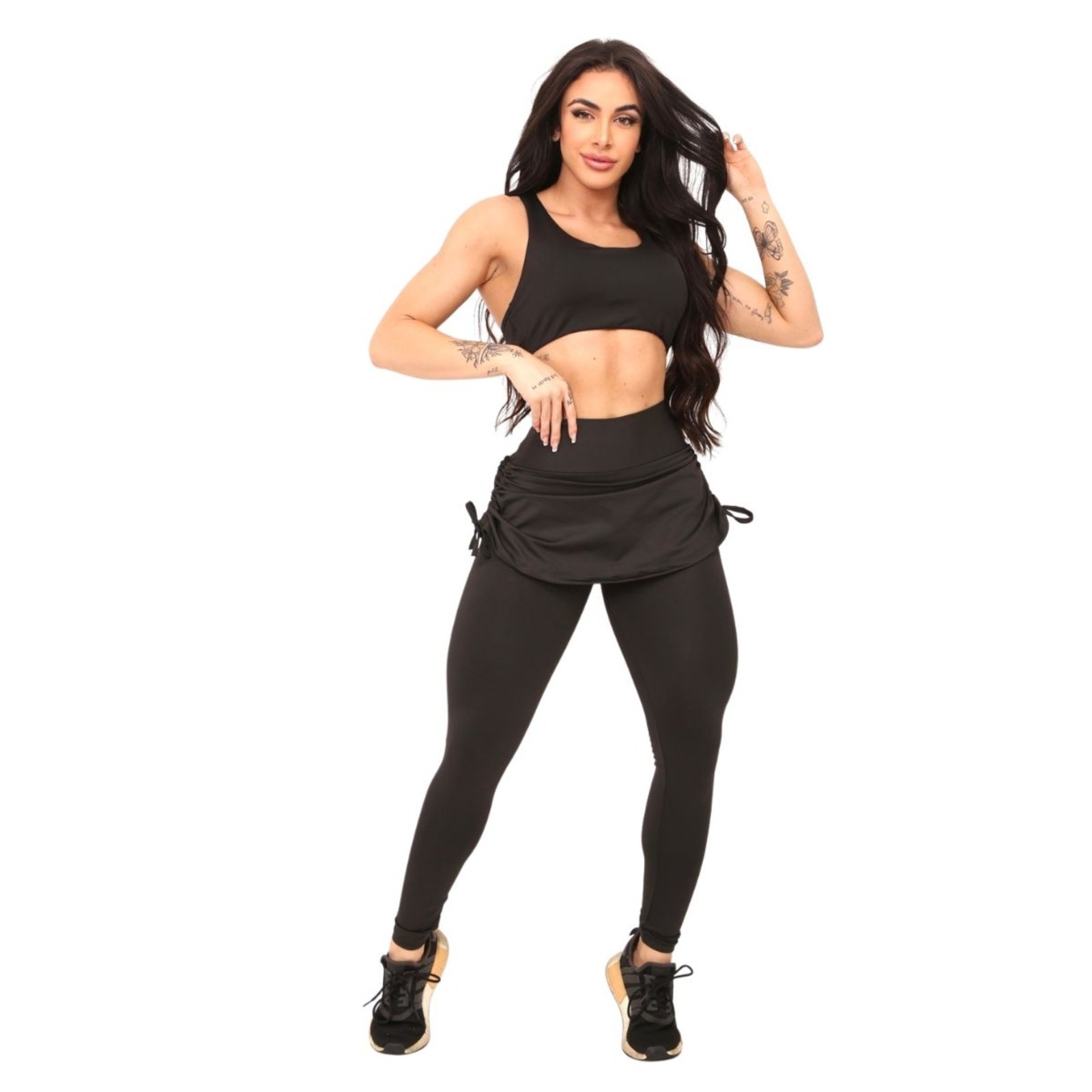 Conjunto Feminino Vih Triny Top e Legging Saia Repuxada Moda Fitness Preto Yoga, Pilates e Hyrox