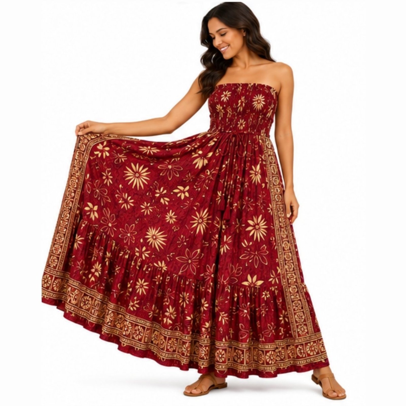 Vestido Longo Feminino Indiano Tomara que Caia com Lastex Bordô