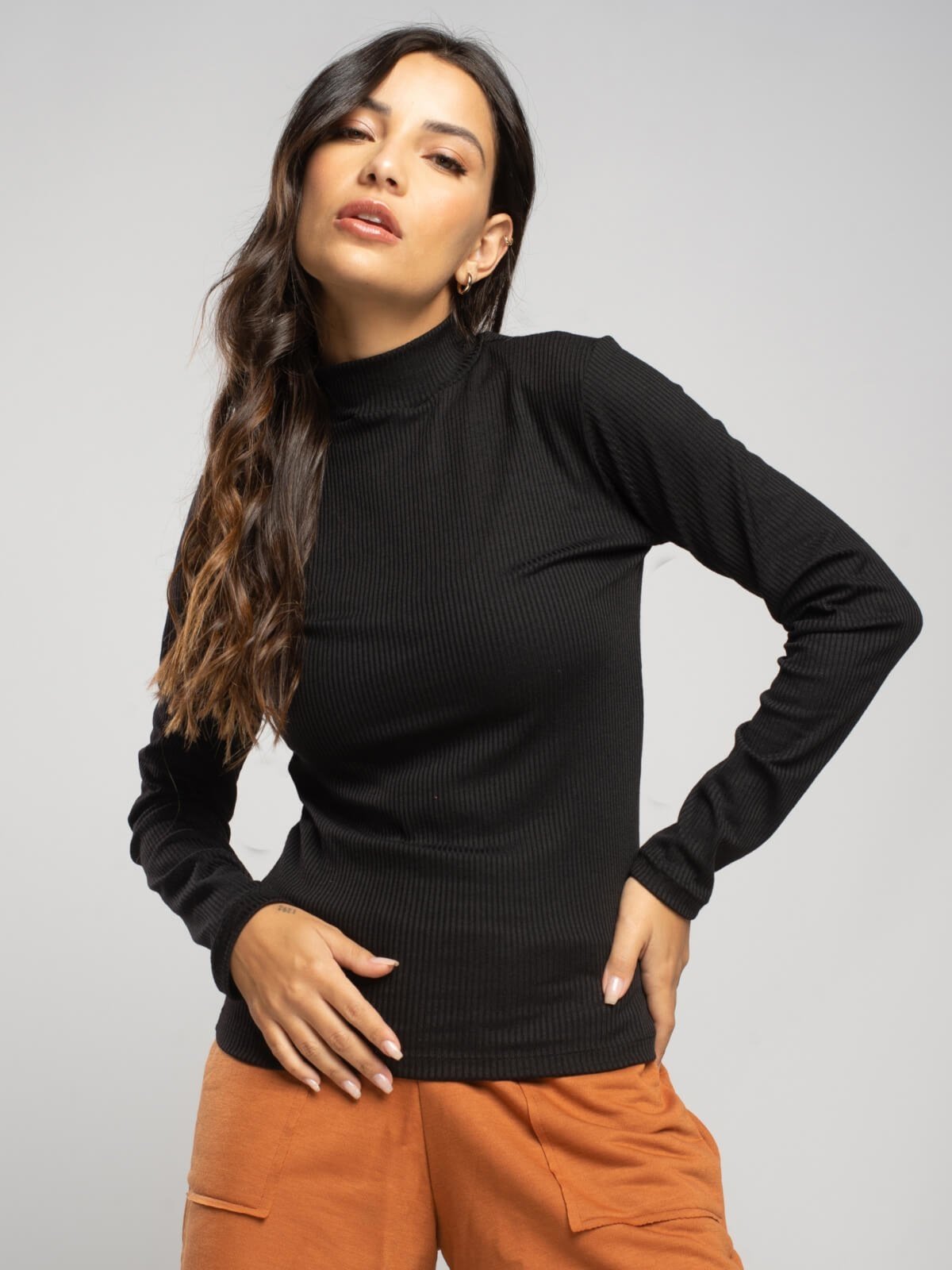 Blusa Feminina Canelada Gola Alta Manga Longa Básica Vicbela Preto