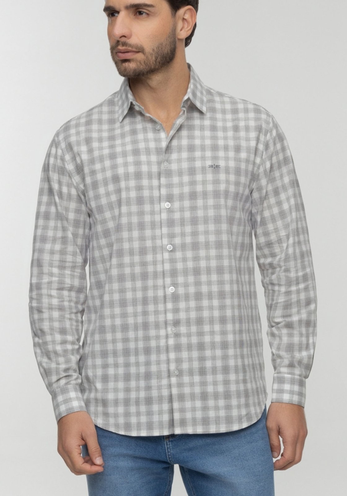 Camisa Masculina De Mangas Longas Xadrez Em Tecido Plano