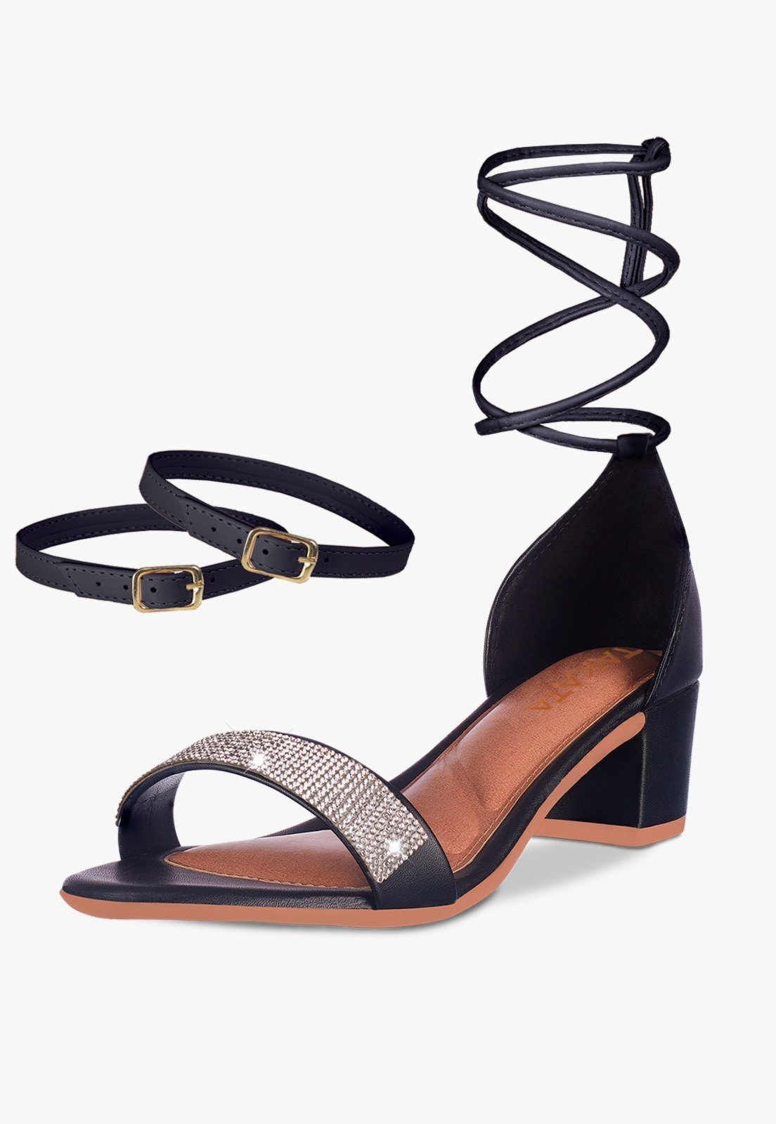 Sandália Feminina Tira Salto Quadrado Bloco Baixo Manta Strass Preto