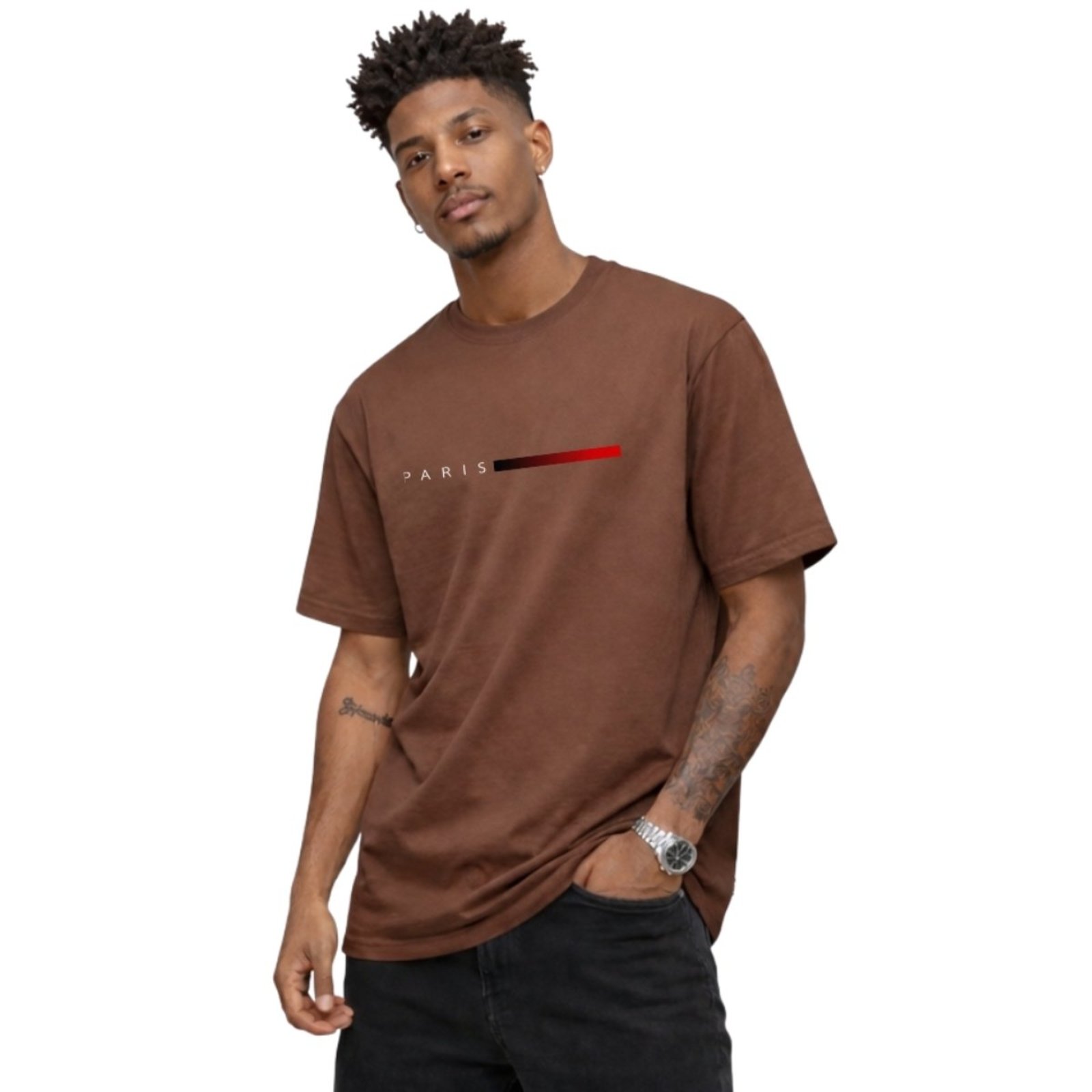 Camiseta Basica Algodão Gola Redonda Masculina Estampa Paris Vermelho