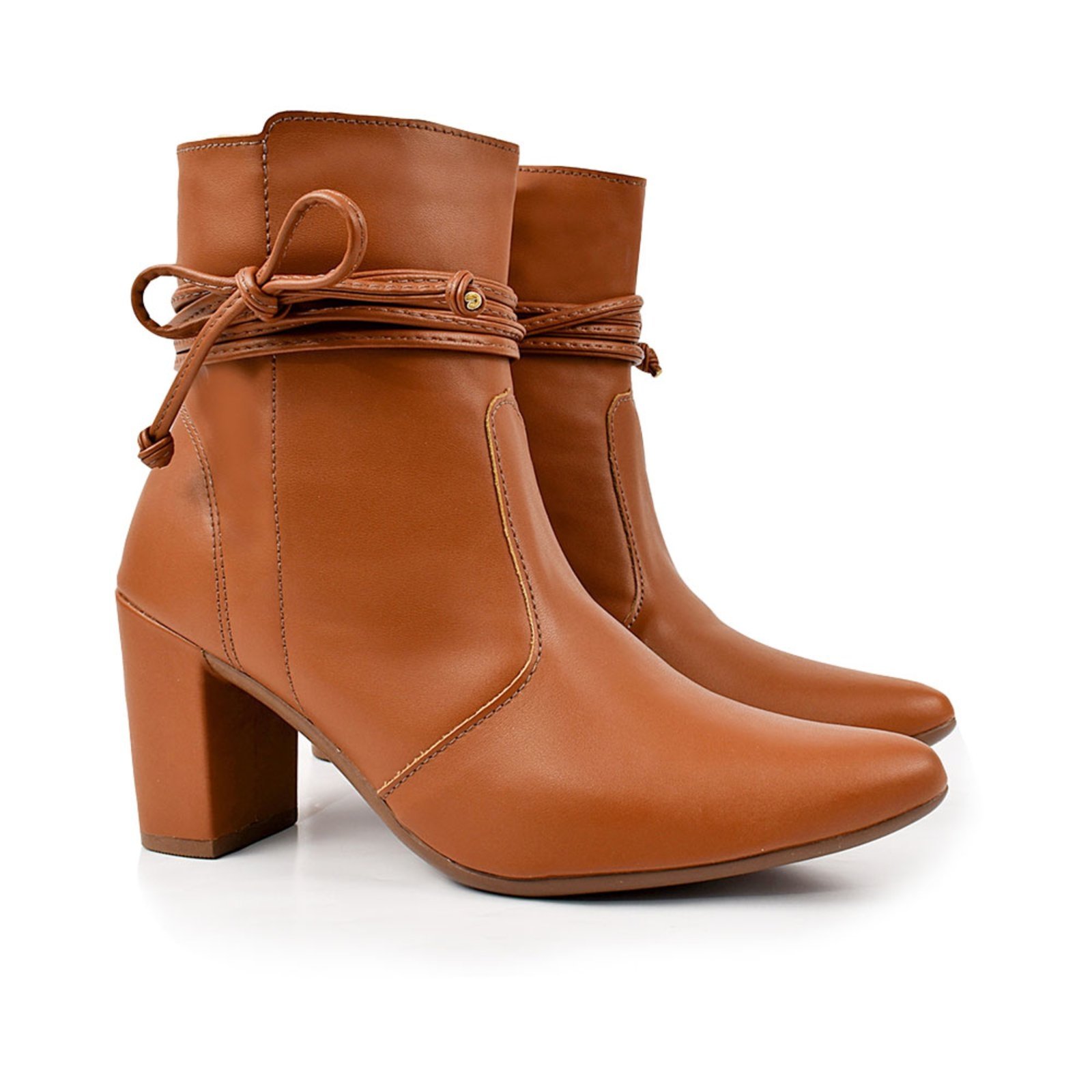 Bota Bico Fino Salto Amarrar Laço Confortável Olzzy Bf-011 Caramelo