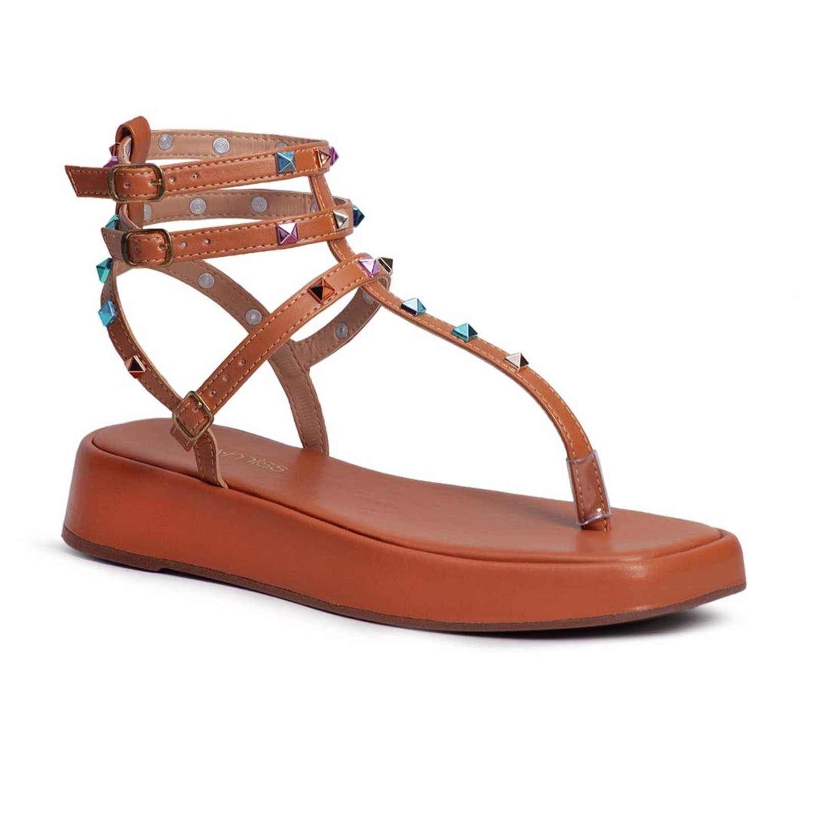 Papete Flatform Via Miss Sandália Pirâmide Caramelo