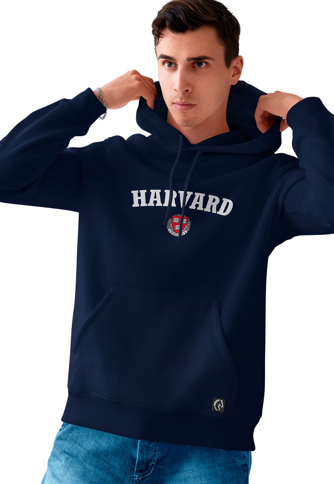 Blusa De Frio Masculina Moletom Flanelado Com Capuz e Bolso Canguru Harvard Azul Marinho