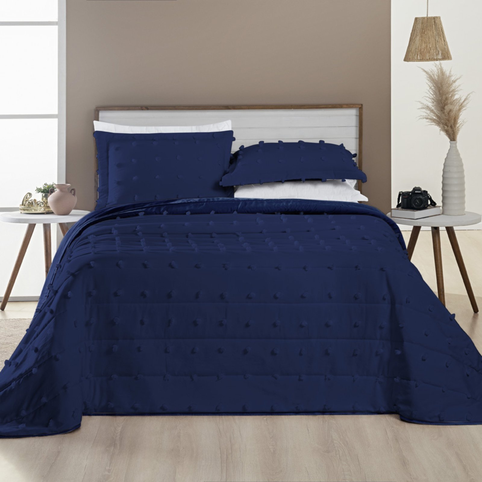 Kit Cobre Leito Colcha Casa Scarpa Alexa Pompom King Dupla Face Micropercal 3 Peças - Azul Marinho