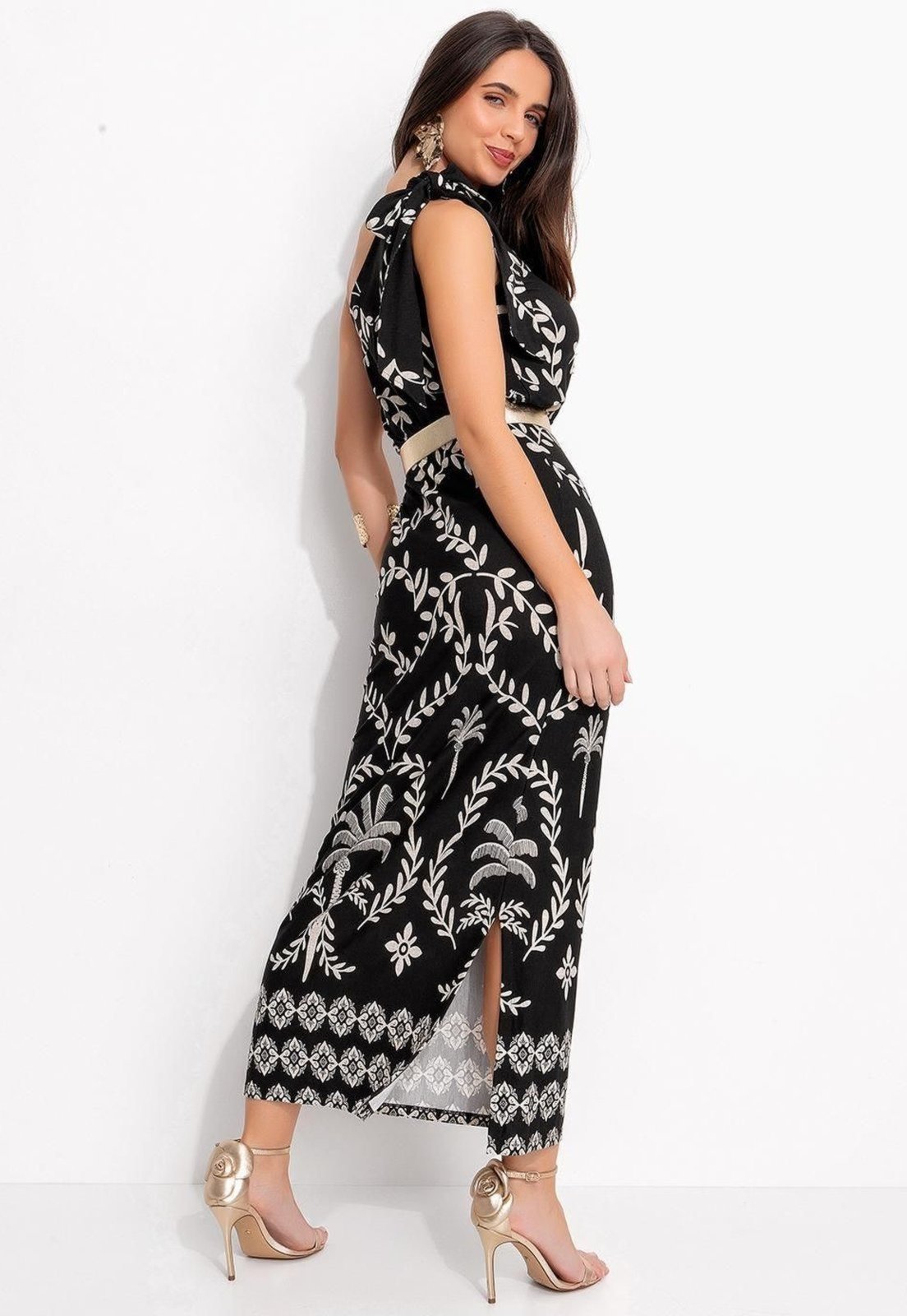 Vista 3 Vestido Em Malha De Viscose Barrado Coqueiros Quintess preto Quintess preto