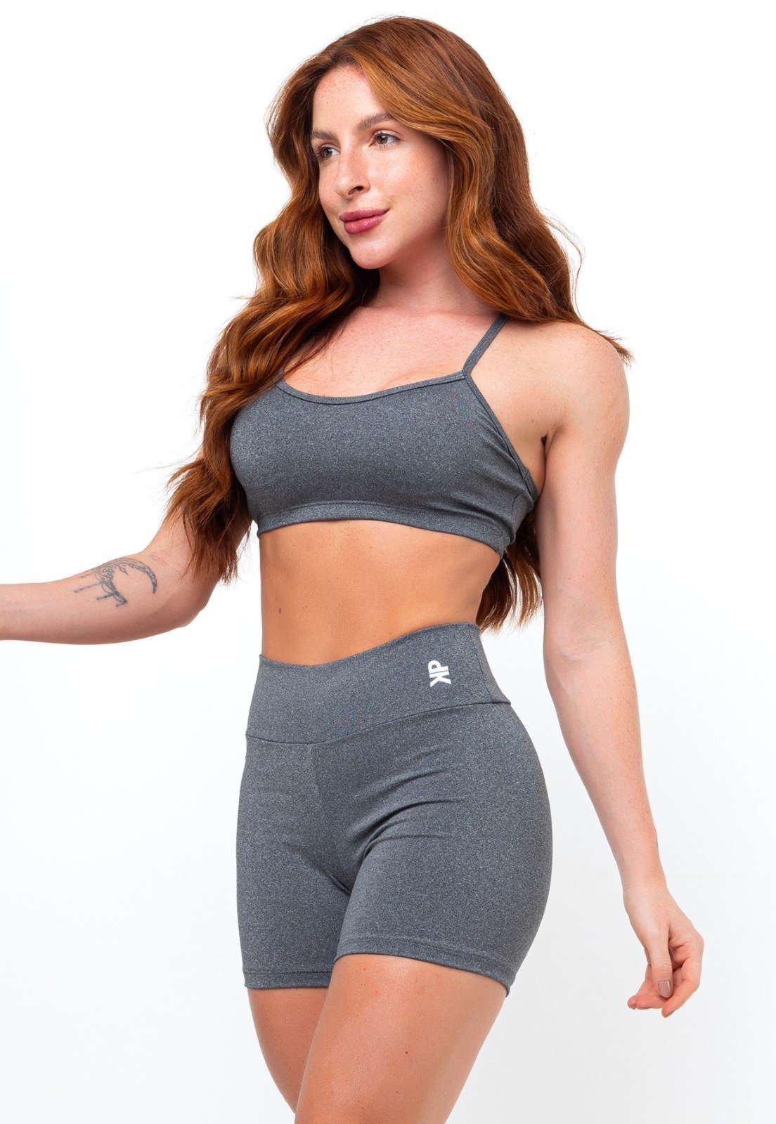 Conjunto Fitness Top Alça Short Legging Cós Alto Feminino Liso Academia – Cinza