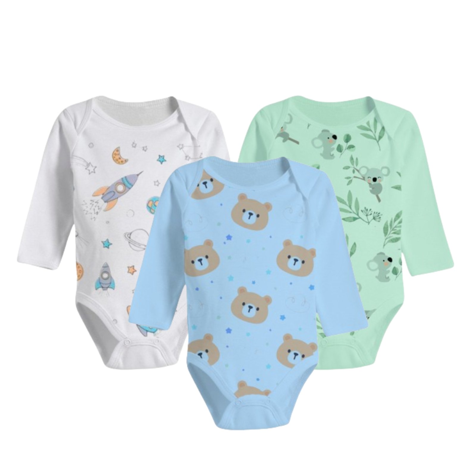Infantil - Kit Enxoval Roupa de 3 Peças Body Manga Longa Estampado Azul