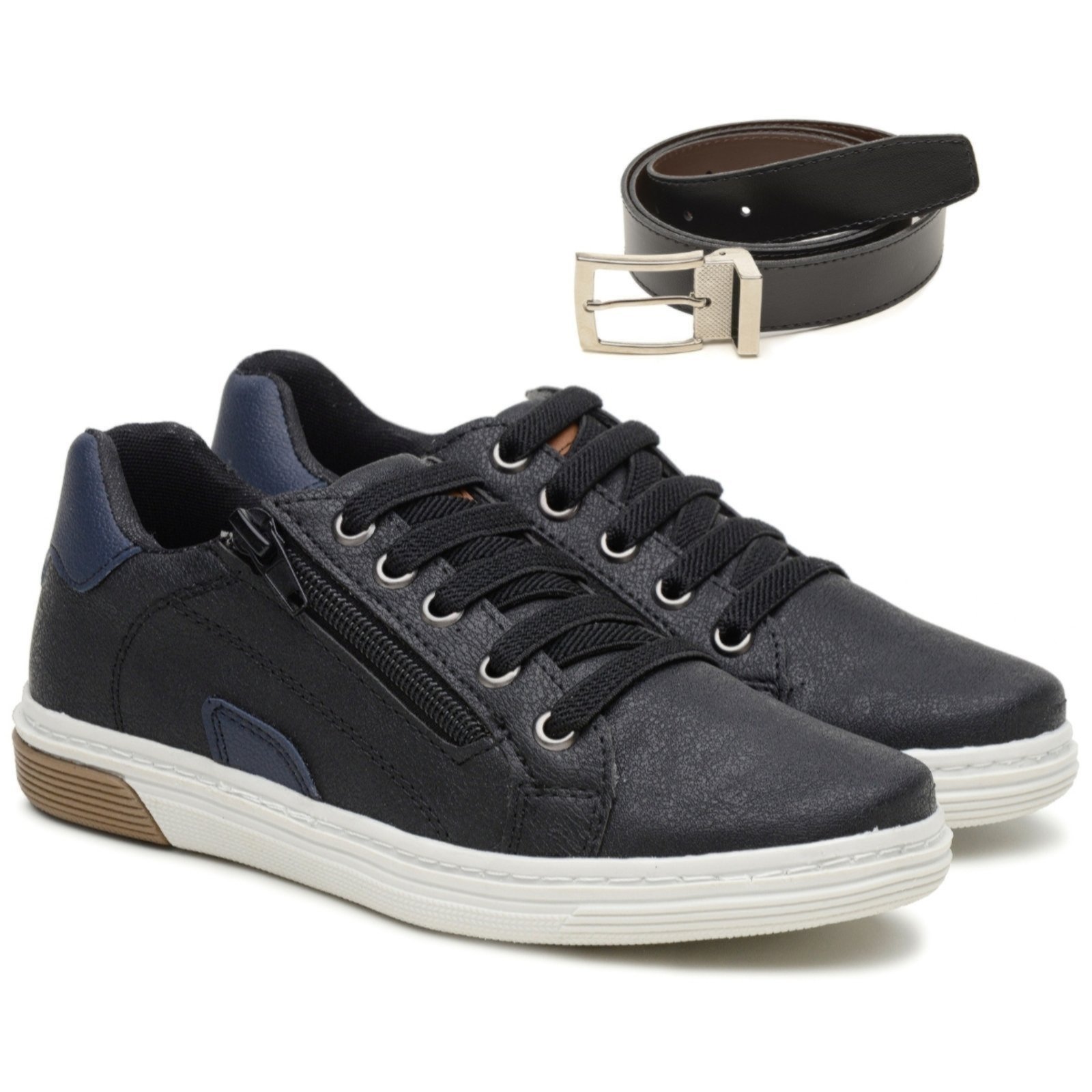 Infantil – Kit Sapato Masculino Tenis Calce Fácil e Confortável Preto e Cinto Dupla Face Rovetto