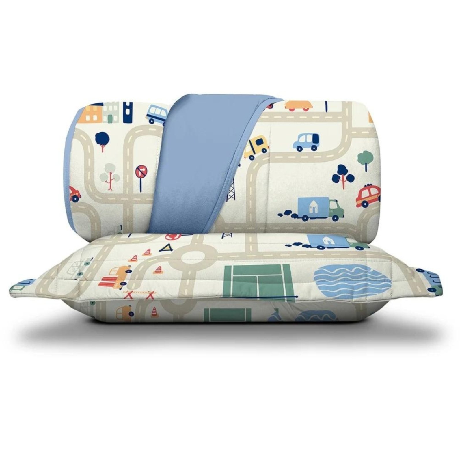Kit Colcha Casal Algodão Egípcio Malha Soft Pista Azul