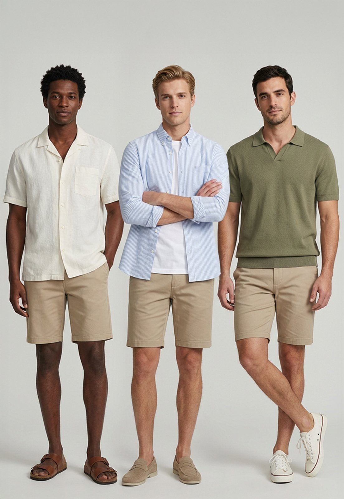 Vista 3 Bermuda Masculina Sarja Reta com Elastano Confortável e Versátil Macaw bege/cáqui Macaw bege/cáqui