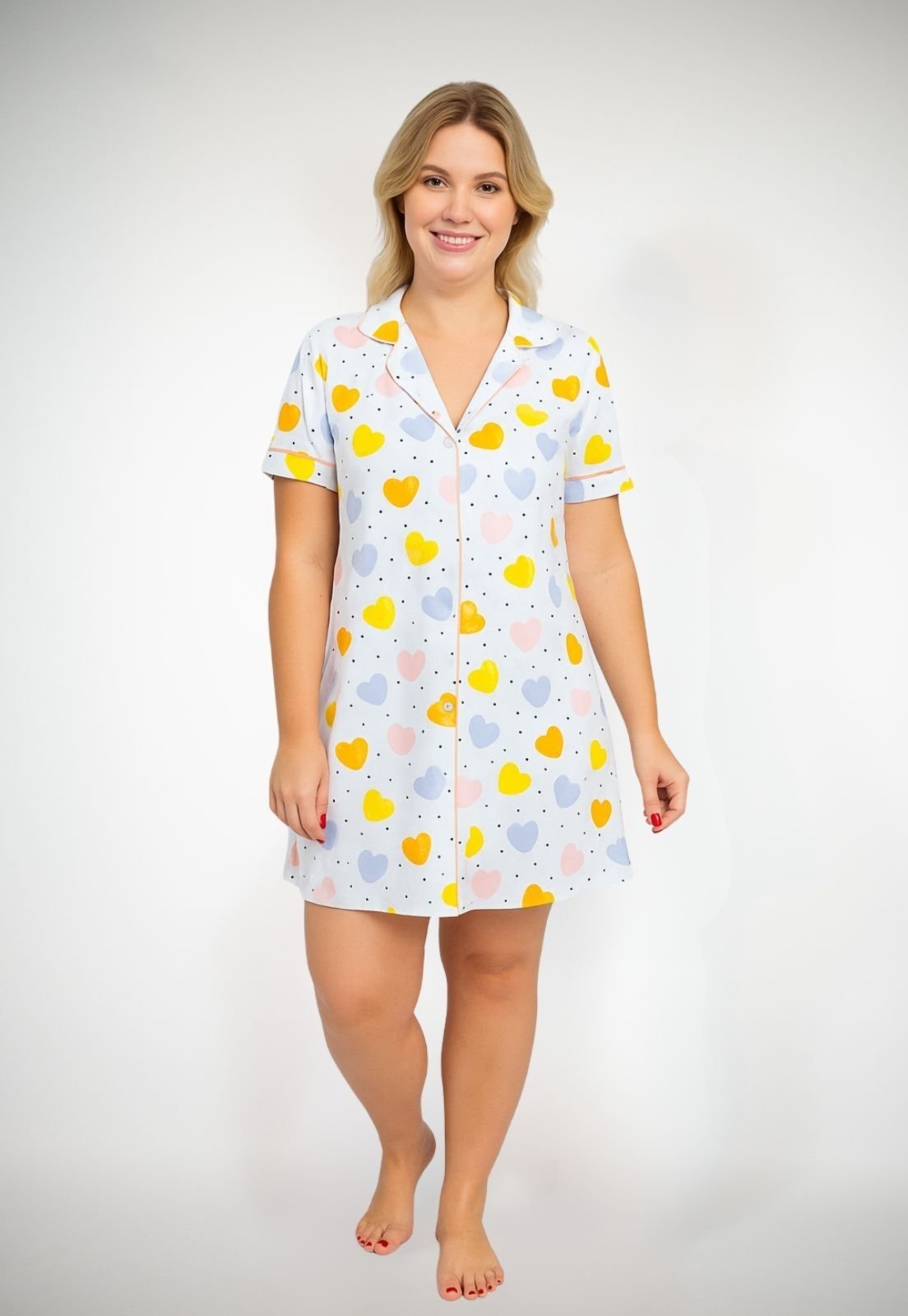 Camisola Algodão Plus Sise Americana Curta Fiama – Corações Coloridos Branco
