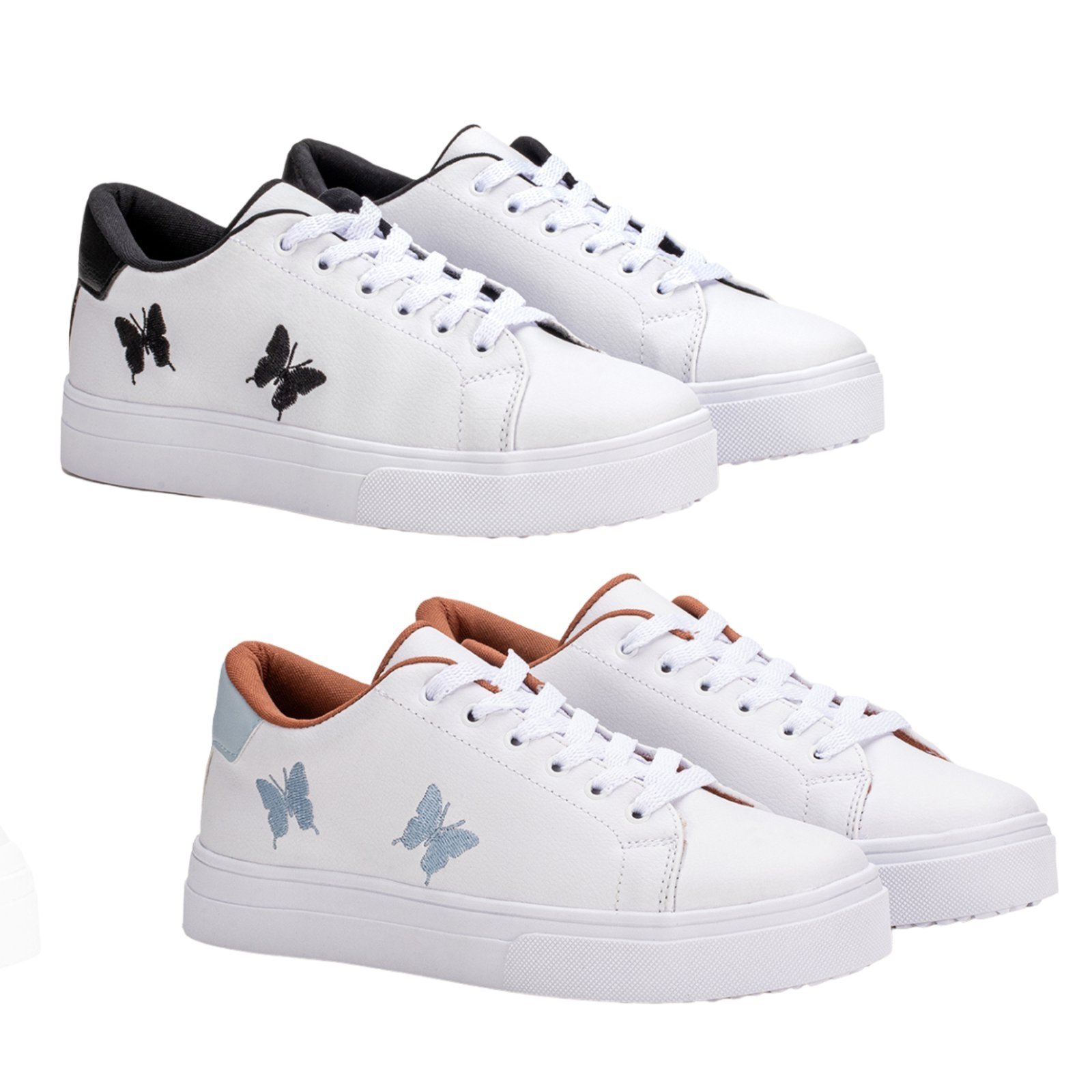 Kit 2 Pares Tenis Feminino Casual Borboleta Preto+Azul Estilo Shoes