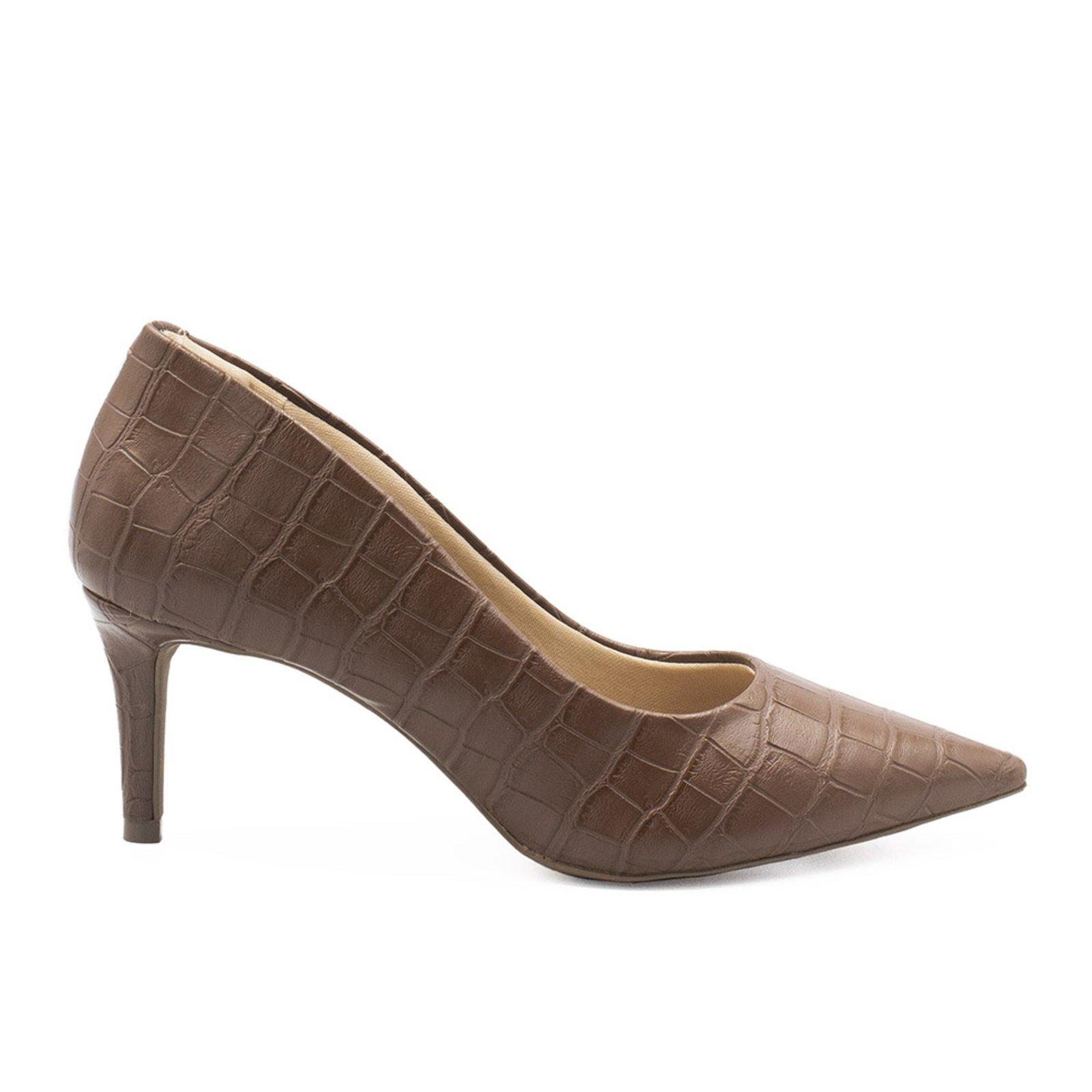 Scarpin Zatta Salto Baixo Bico Fino Lolita Marrom Croco