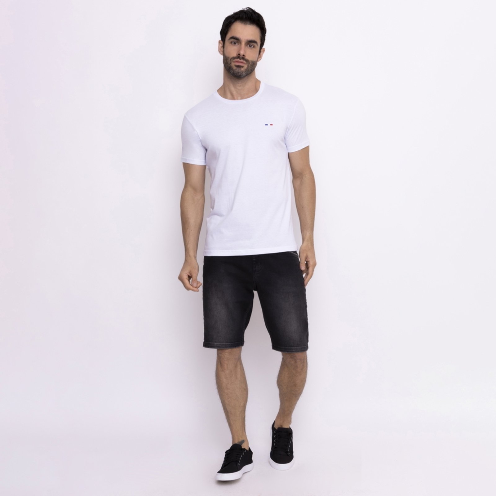 Vista 3 Kit 3 Peças Camisetas Básicas Masculina FMF Azul Cinza e Branco em Algodão Premium no Estilo Tommy Bordado França cinza azul FMF cinza azul