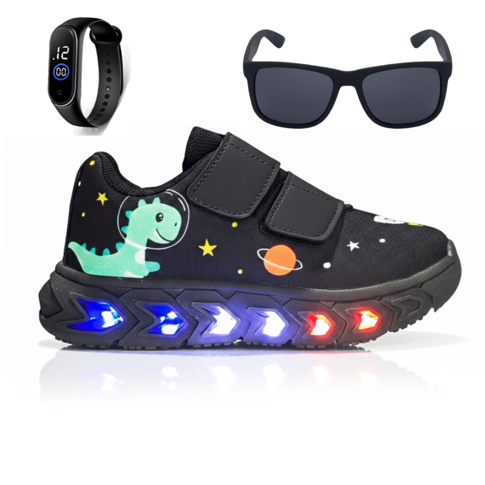 Vista 2 Infantil - Kit com Tênis de Led para Meninos Confortável Casual Leve + Óculos + Relógio CALCADOS LGHT LIGHT preto CALCADOS LGHT LIGHT preto