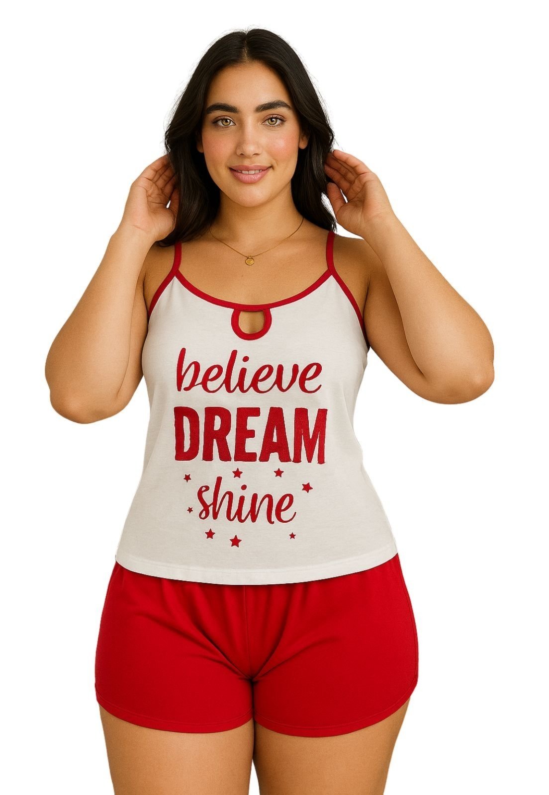 Pijama Plus Size Verão Short Curto Blusa de Alça Pijama de Calor Suzi 50 52 54 56 Vermelho