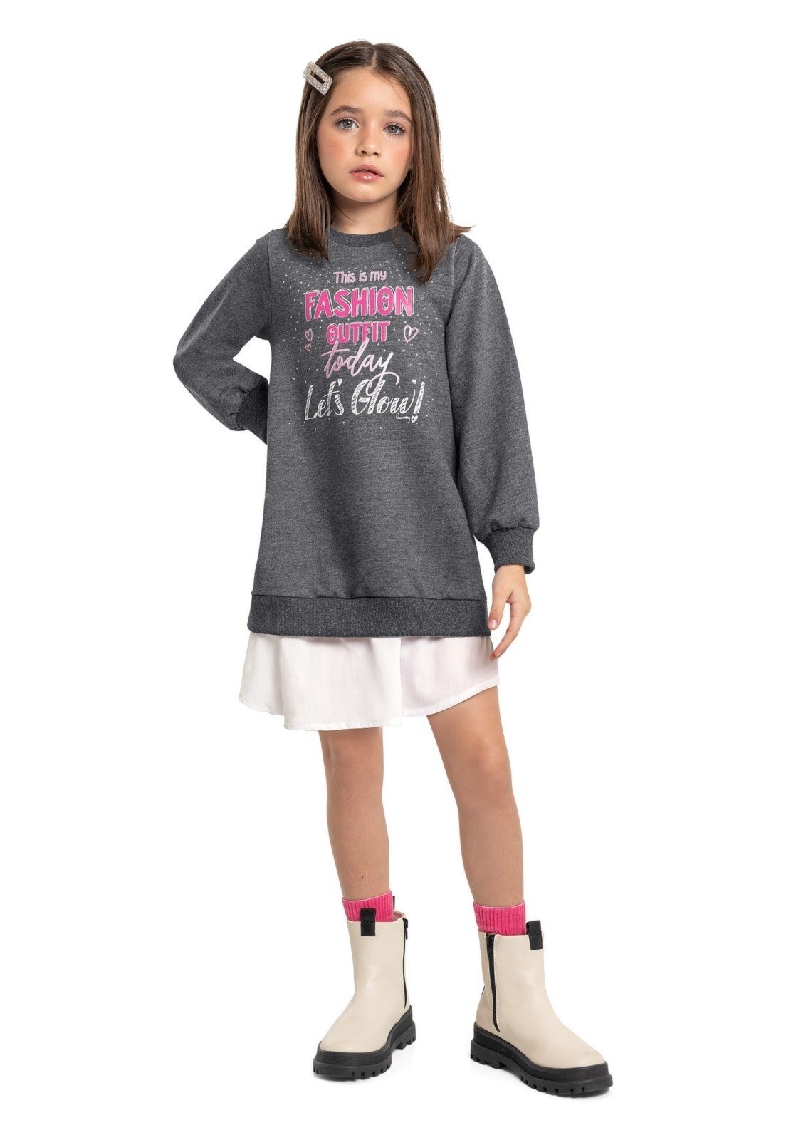 Infantil - Vestido Moletom Manga Longa Quimby Cinza Escuro