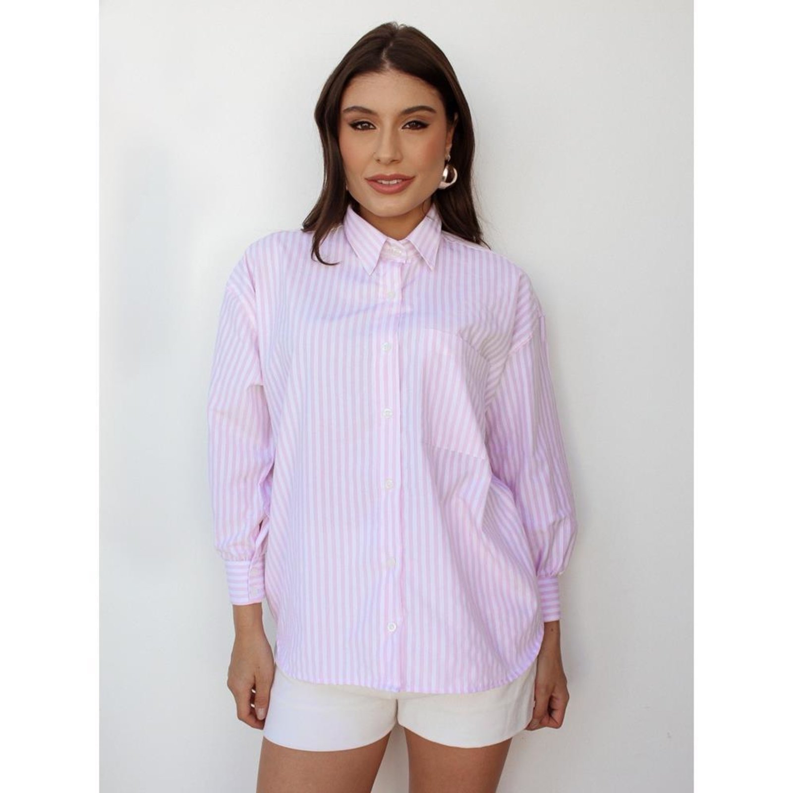 Camisa Feminina Listrada Clássica Manga Longa Alfaiataria Rosa