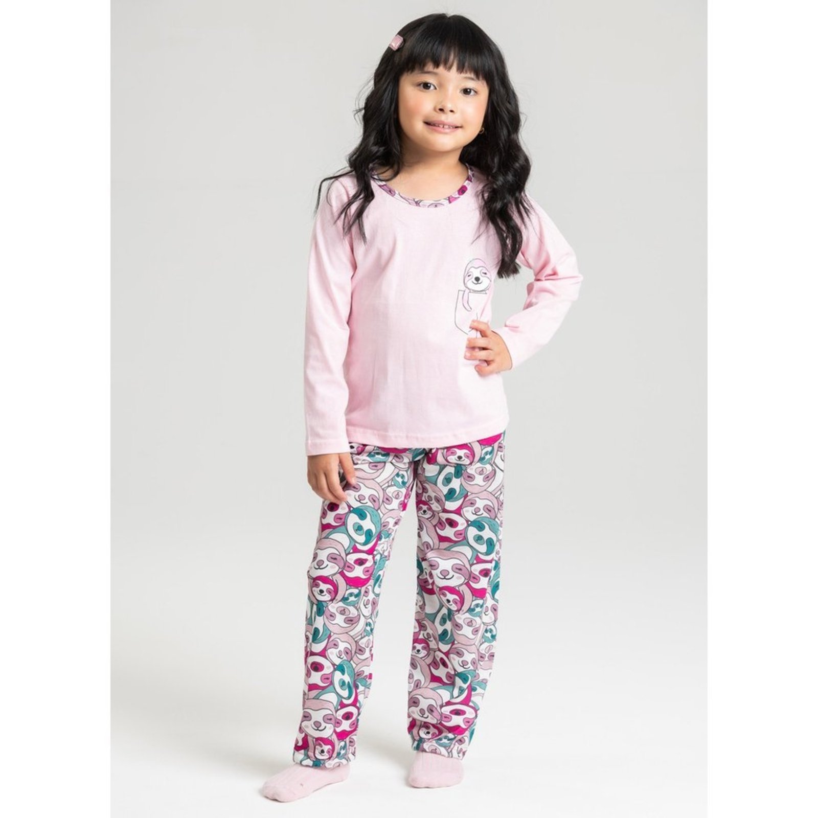 Pijama Longo Menina Rosa Bicho Preguiça