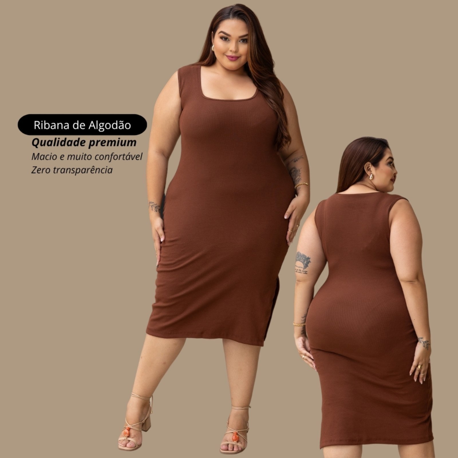 Vestido Garota Urbana Fashion Plus Size Café feminino Ribana canelado premium sem manga