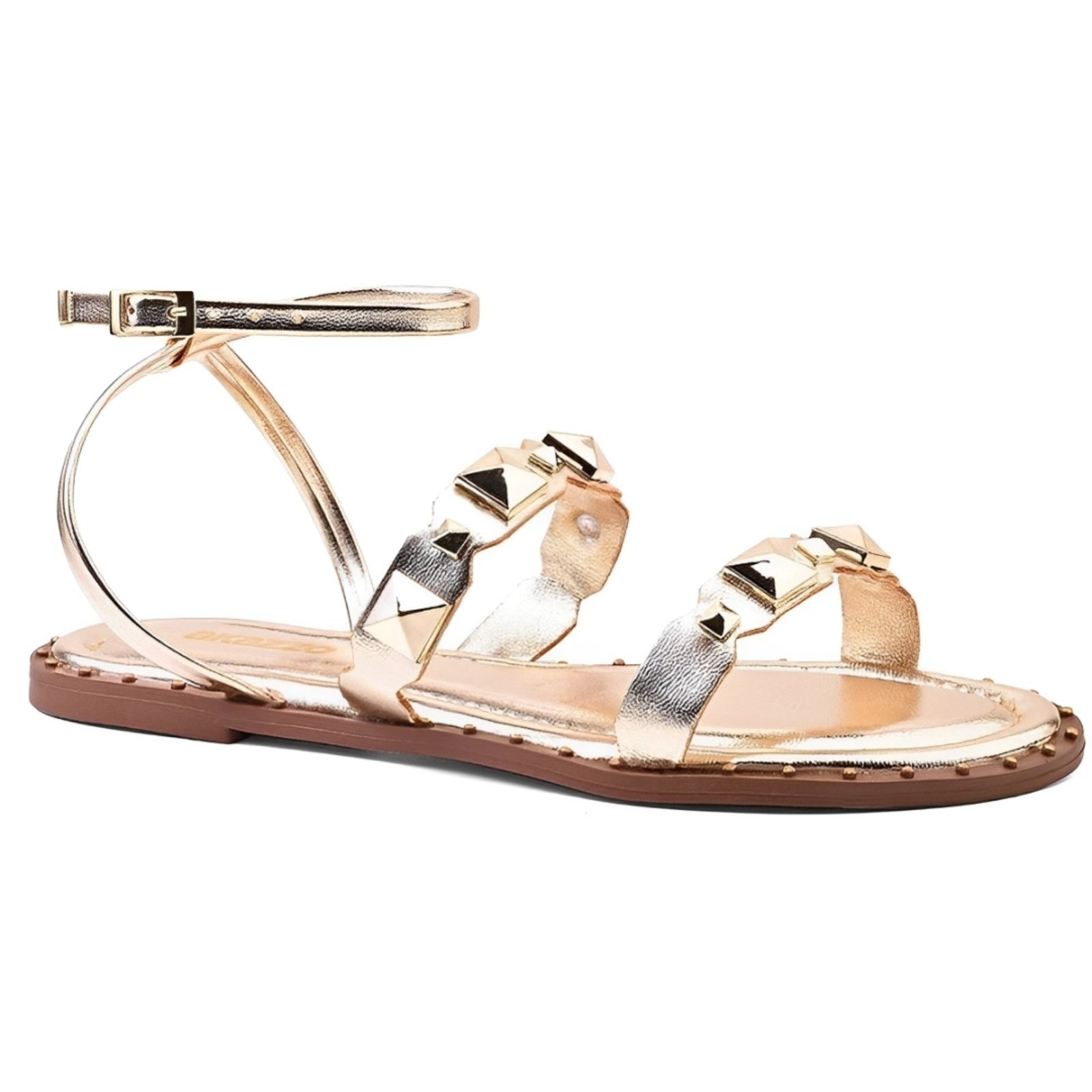 Vista 3 Sandália Feminina Rasteirinha Dourada Ouro Light Tachas Santa Rosa dourado rosa Santa Rosa dourado rosa
