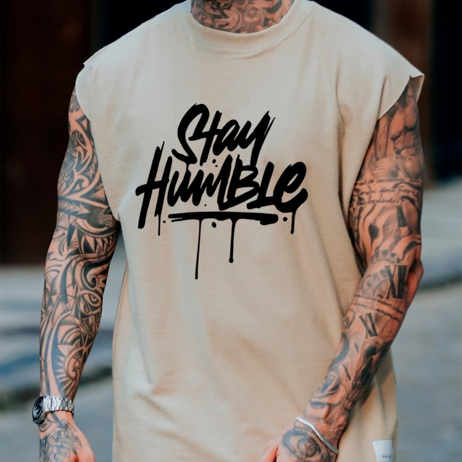 Camiseta Regata Machão Ousy Stay Humble Streetwear Oversized Masculina Off White