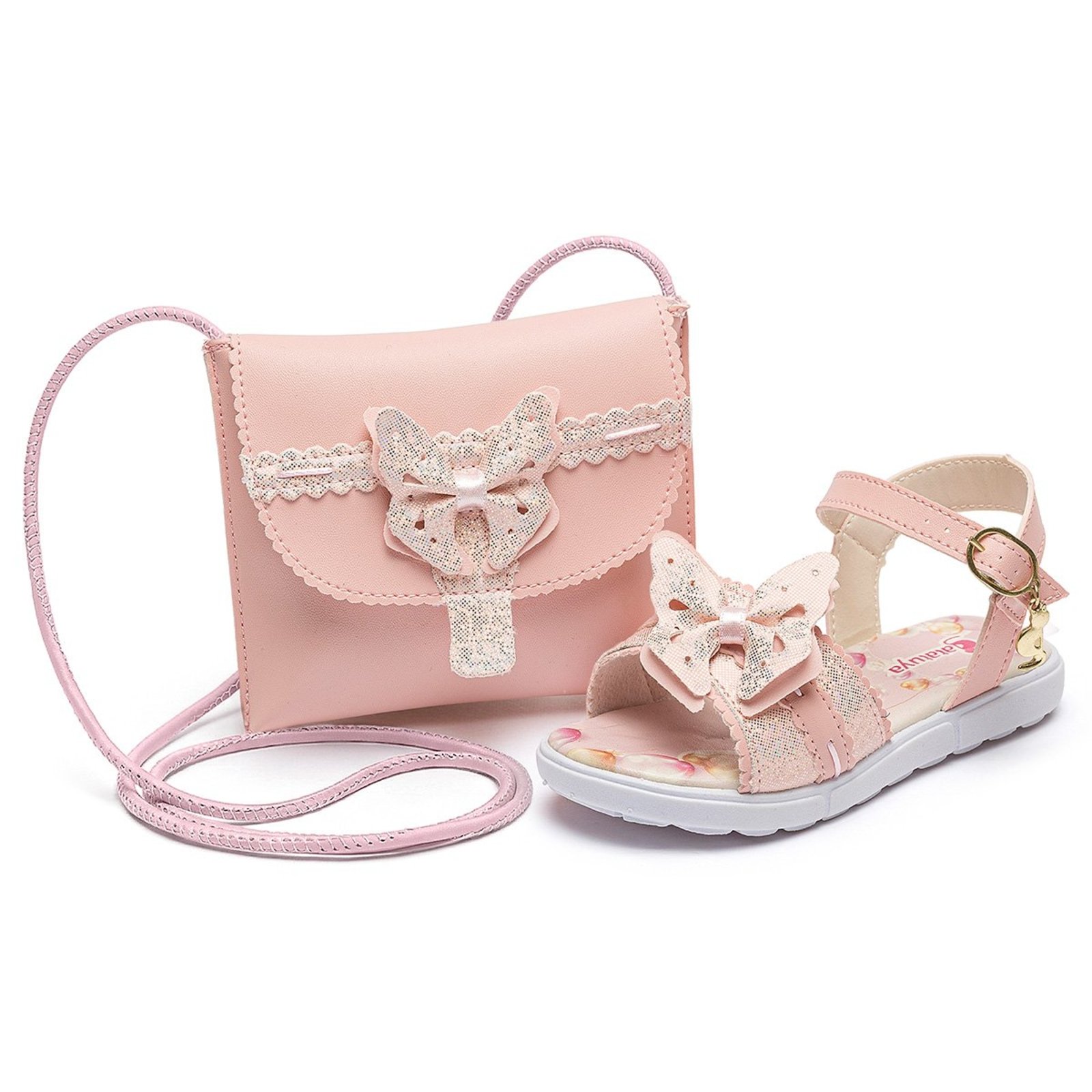 Infantil - Kit Sandália Rasteirinha Bolsa Menina Borboleta Festa Mzkid
