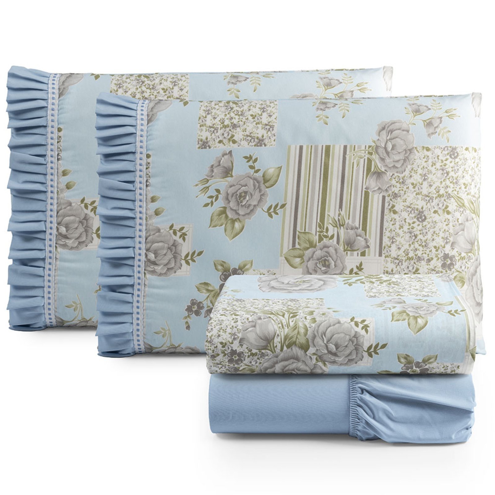 Jogo Cama Lençol Fiore Casa Scarpa Casal Padrão Estampado 180 Fios 100% Algodão com Babadinho 4 Peças Azul Floral