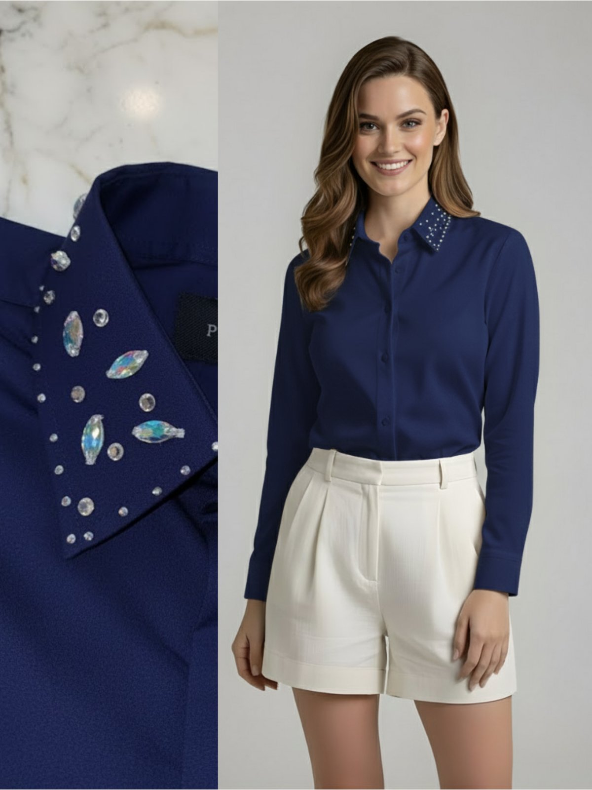 Camisa Social Feminina com Gola de Strass Premium Azul Marinho| Blusa de Luxo Manga Longa com Aplicações de Brilho