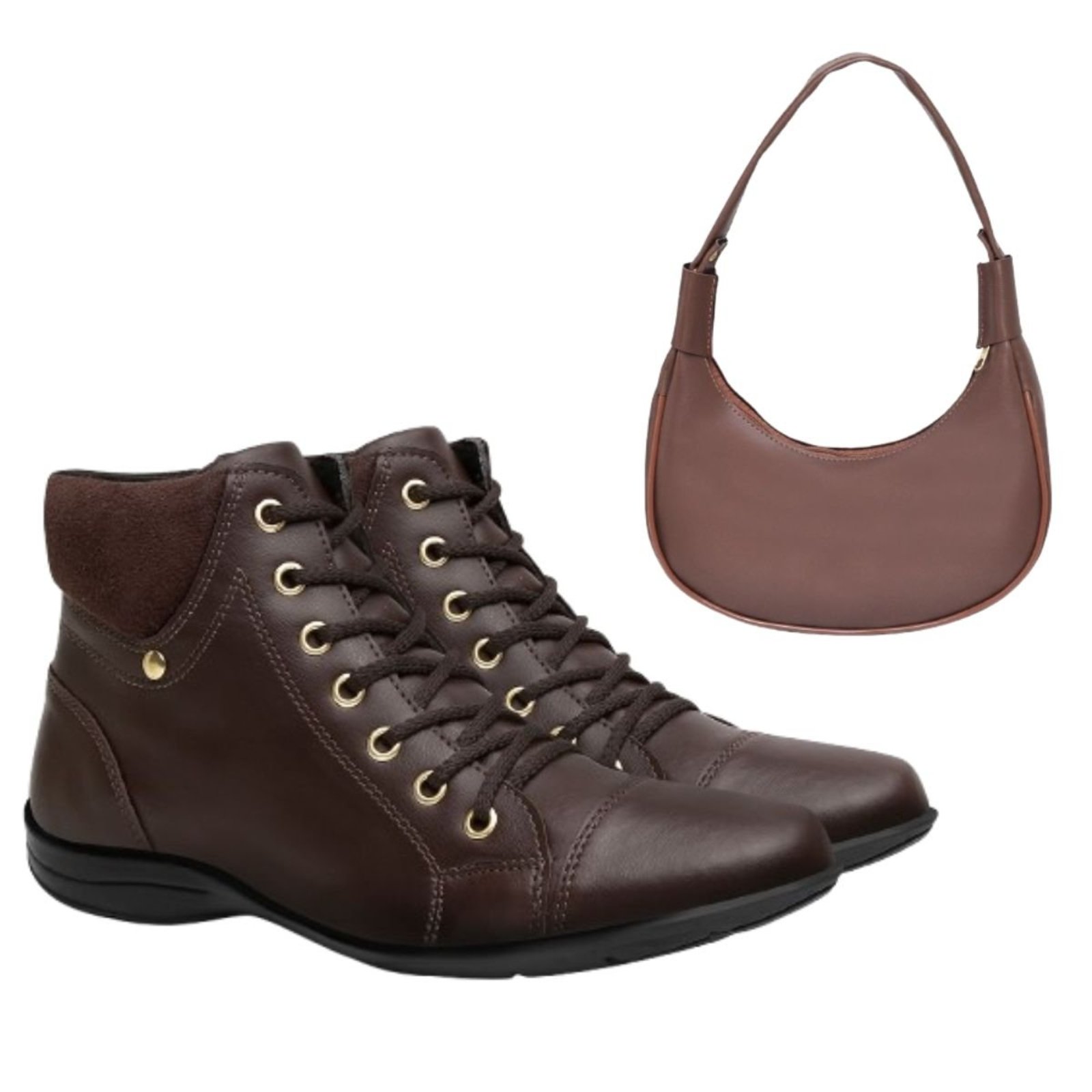 Kit Bota Feminina Cano Curto Veritimo Casual Sola Reta Leve Amarrar Conforto Bolsa Ombro Café