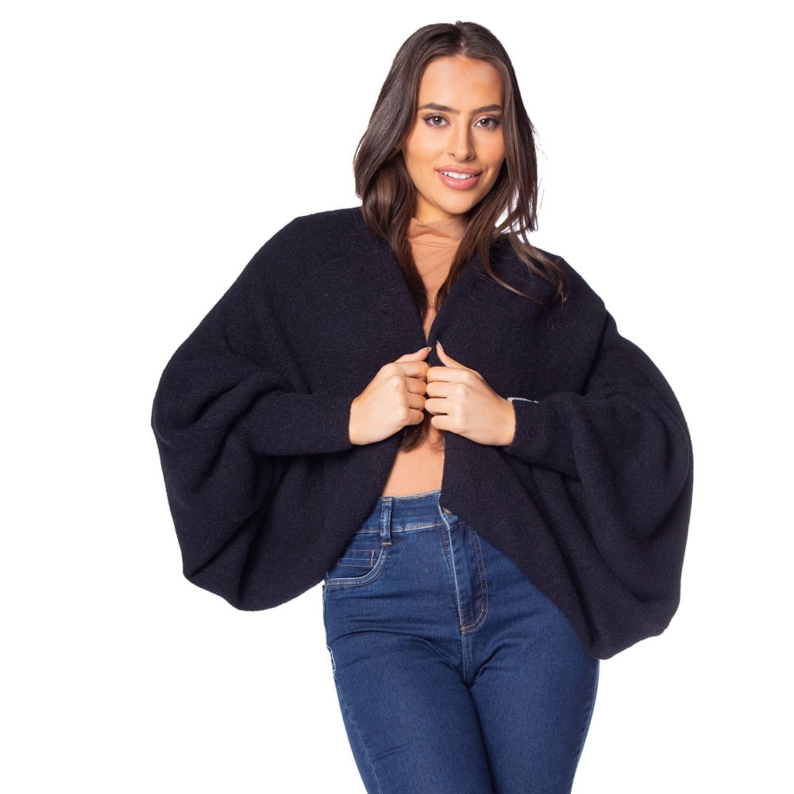 Casaco Feminino Biamar Tricot Pluma Manga Ampla Preto