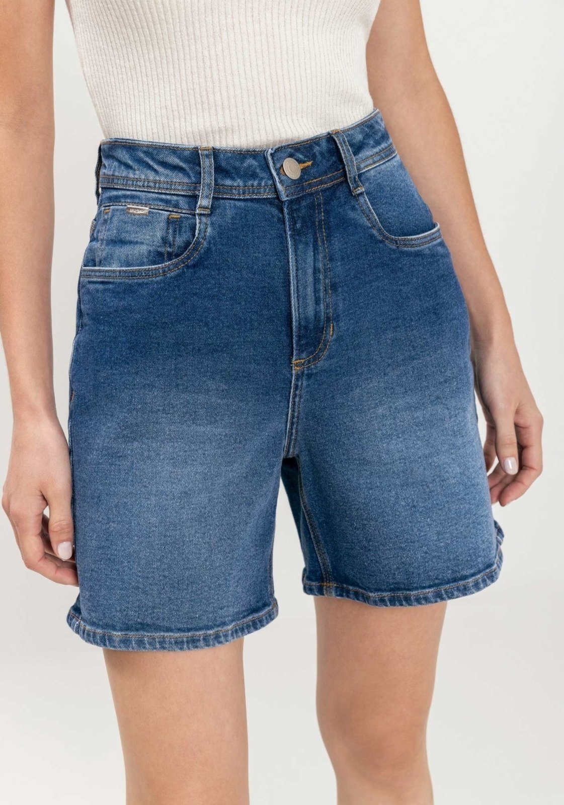 Vista 3 Bermuda Jeans Com Cintura Alta E Bolsos Funcionais Lez a Lez azul Lez a Lez azul