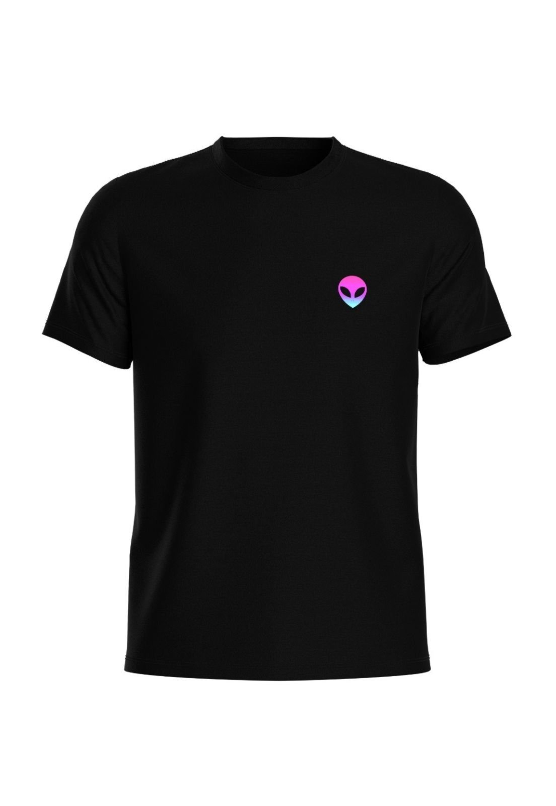 Camiseta Masculina Algodão Relaxado Manga Curta Preta Estampa Alien