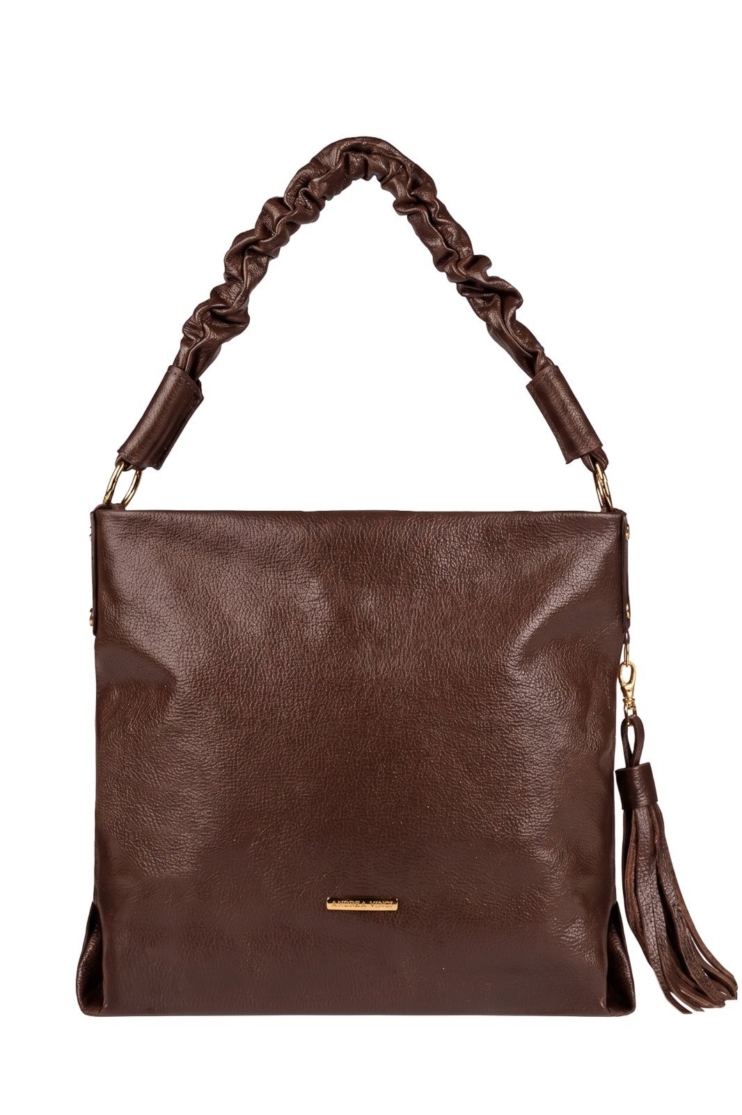 Bolsa de ombro em couro liso alça franzida Brenda - Café