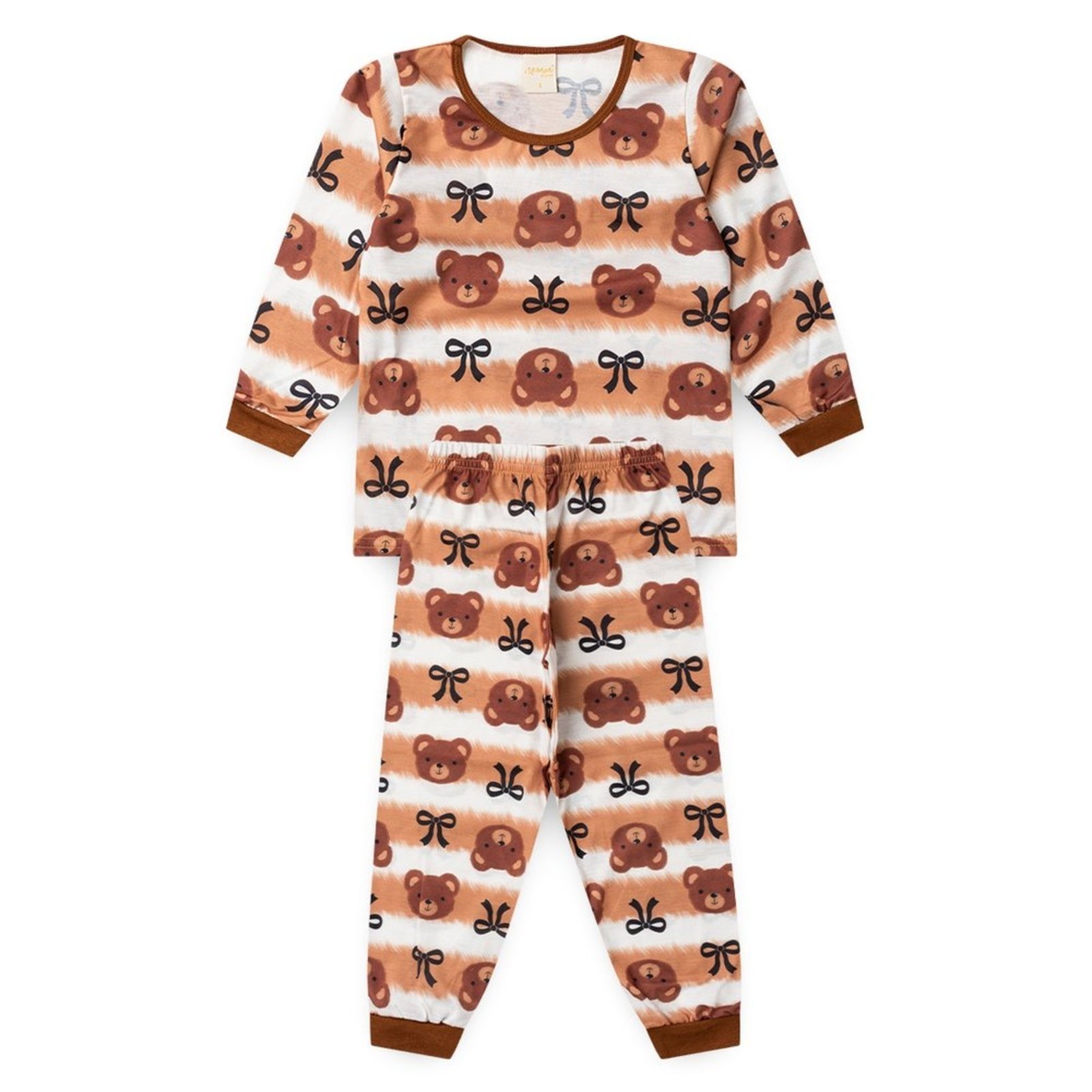 Pijama Longo Menina Marrom Ursinhos e Laços