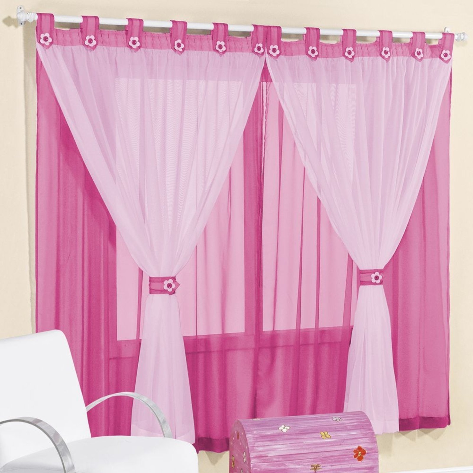 Cortina 2,00m X 1,70m Alt. Decoração Quarto em Voal para Varão - Pink - 100% Poliéster