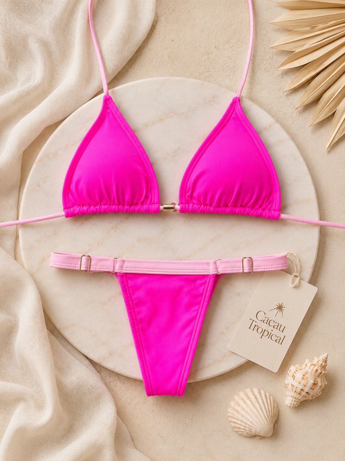 Biquíni Cortininha Pink e Rosa Cacau Tropical com Calcinha Ajustável Moda Praia Feminina