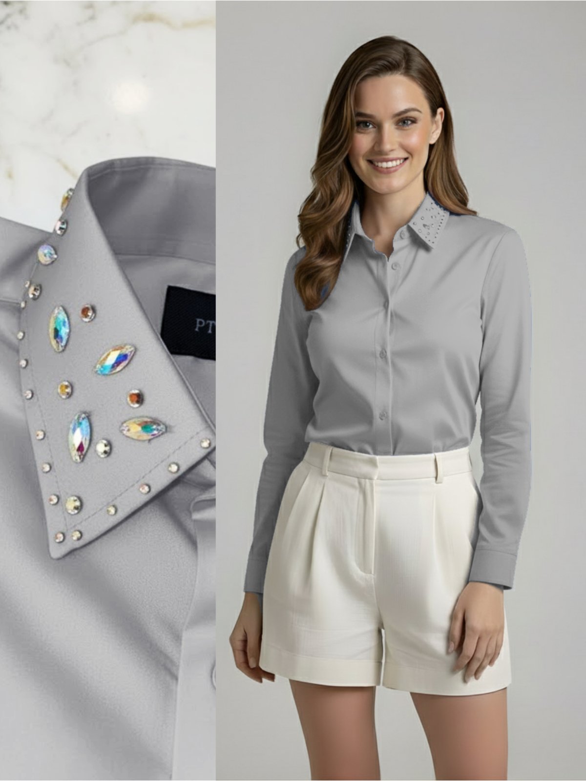 Camisa Social Feminina com Gola de Strass Premium Cinza| Blusa de Luxo Manga Longa Elegante com Aplicações de Brilho